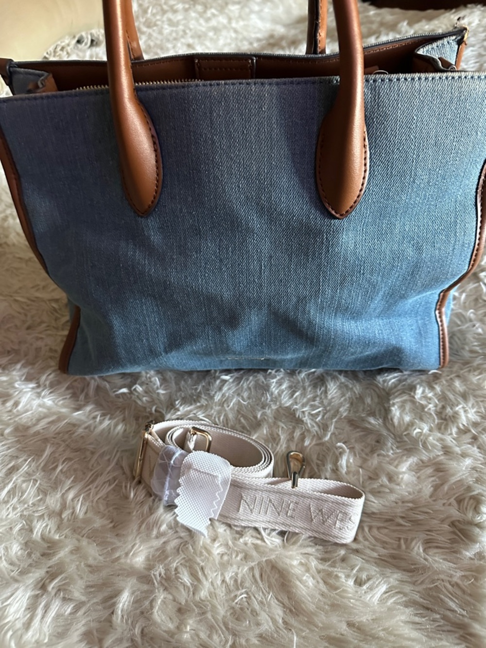 Anne Klein Blue Denim Tote with Brown Leather Trim